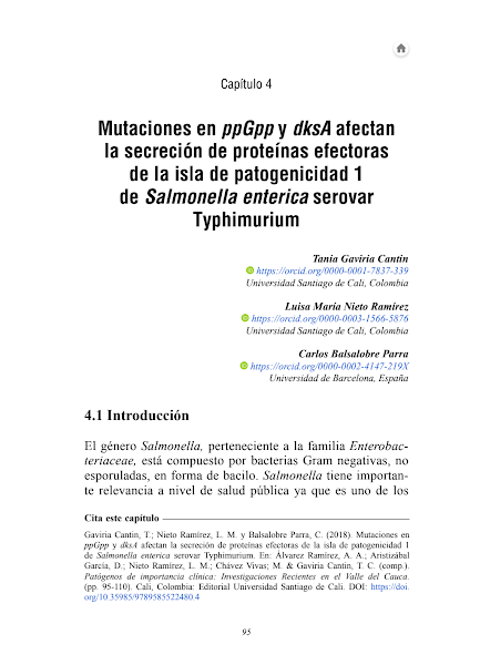 Sampul Mutaciones en ppGpp y dksA afectanla secreci&oacute;n de prote&iacute;nas efectoras de la isla de patogenicidad 1 de Salmonella enterica serovar Typhimurium